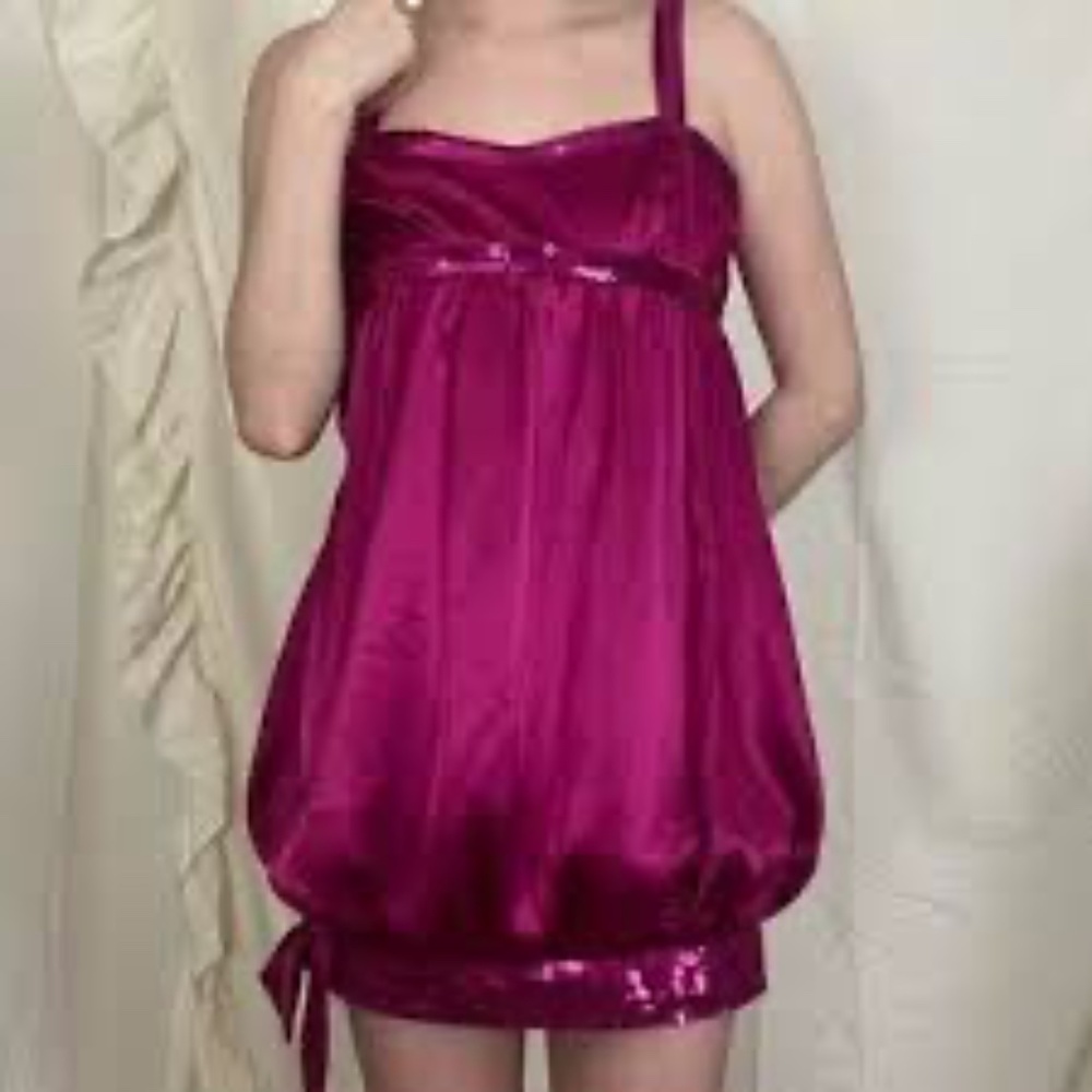 De Laru bright pink sequin trimmed satin mini bubble dress Sz 11/12 vintage